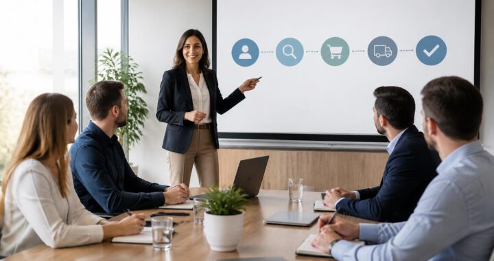 découvrez comment organiser une réunion clients efficace en expliquant clairement les étapes d'achat et de vente à l'aide d'un écran de projection, pour instaurer confiance et sérénité.