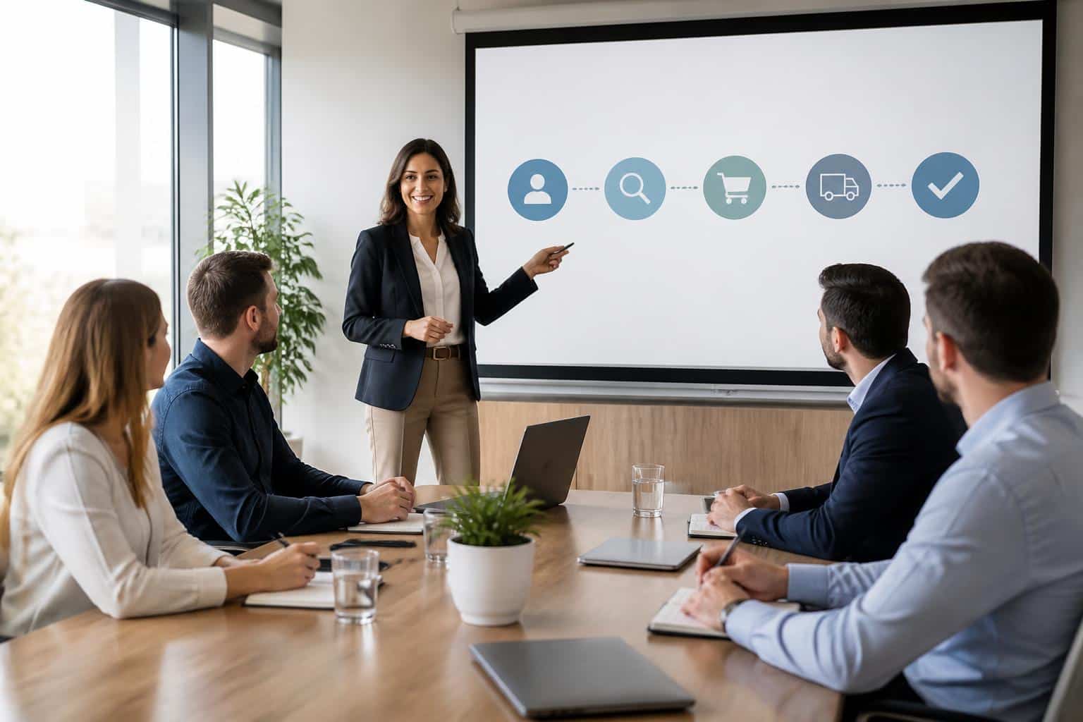 découvrez comment organiser une réunion clients efficace en expliquant clairement les étapes d'achat et de vente à l'aide d'un écran de projection, pour instaurer confiance et sérénité.