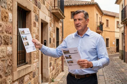 Agent immobilier devant une façade en pierre catalane à Perpignan tenant une annonce de bien immobilier
