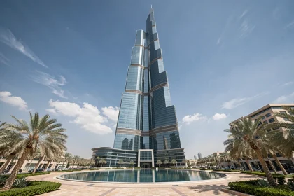 Vue en contre-plongée de la Tour Almas à Jumeirah Lakes Towers, Dubai, avec façade en verre et acier reflétant le ciel bleu