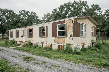 Ancien mobil home en fin de vie abandonné dans un terrain rural envahi par la végétation, avec façade délabrée et armature rouillée