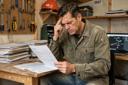 Artisan du bâtiment lisant attentivement un contrat en petits caractères d'une plateforme de chantier à Paris, l'air préoccupé dans une cabine de chantier