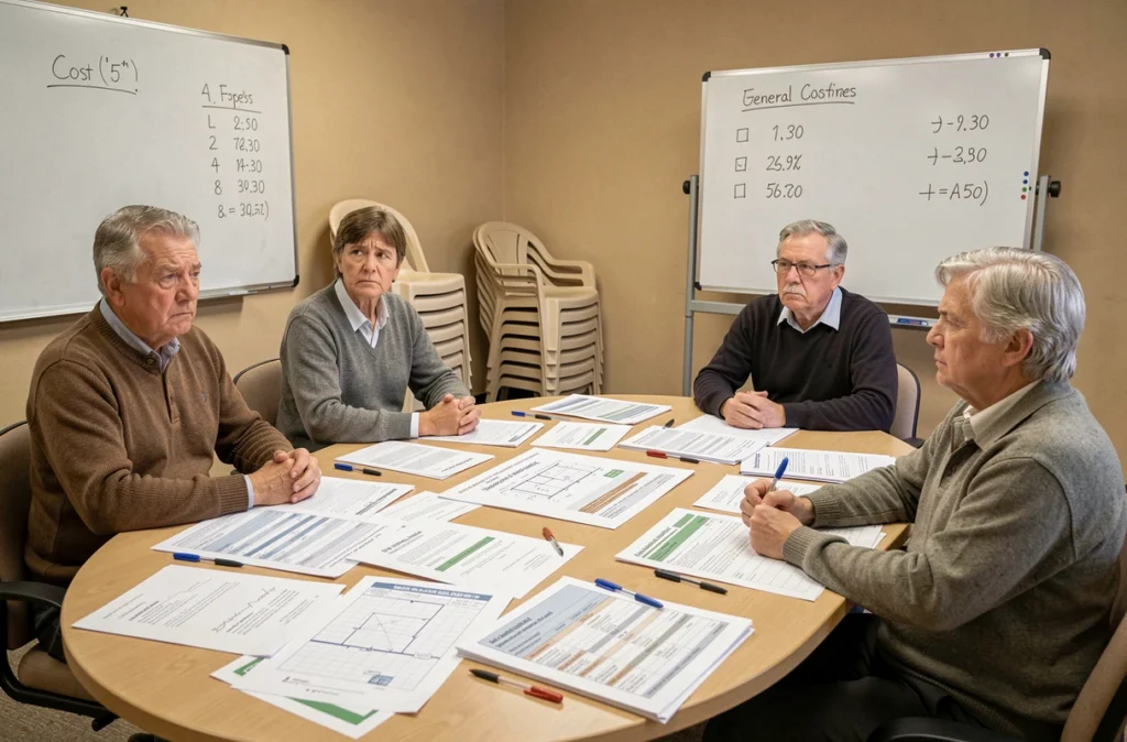 Réunion d'assemblée générale de copropriétaires discutant des erreurs dans un appel de fonds pour gros travaux