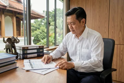 Avocat thaïlandais examinant des documents fiscaux liés à la vente immobilière dans un bureau moderne à Bangkok