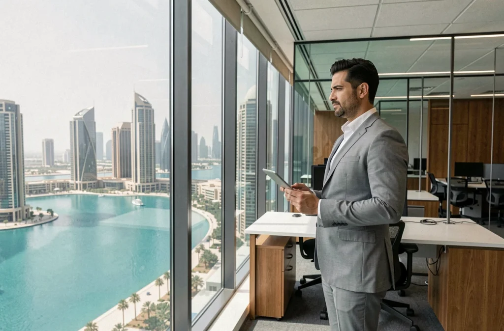 Bureau en hauteur de la Tour Almas avec vue panoramique sur les lacs de Jumeirah Lakes Towers et homme d'affaires tenant une tablette