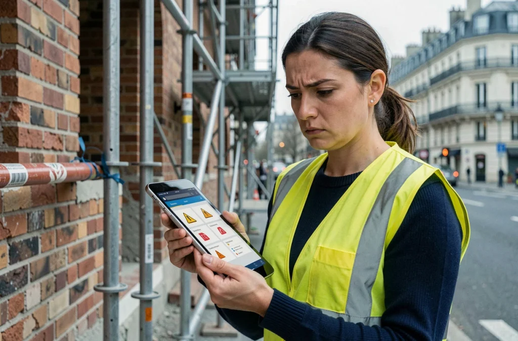 Cheffe de chantier parisienne scrutant une plateforme numérique de gestion sur tablette devant un chantier de rénovation urbaine, expression dubitative