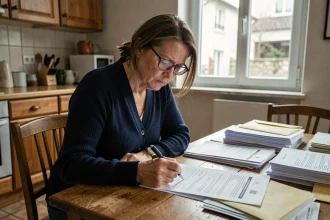 Femme examinant un avis de taxe sur les logements vacants à son domicile avec des documents administratifs étalés sur la table