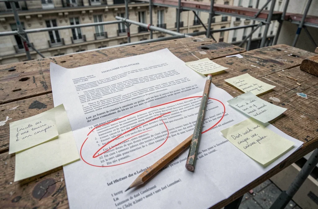 Contrat de plateforme de gestion de chantier annoté en rouge avec des notes manuscrites sur un établi de chantier parisien