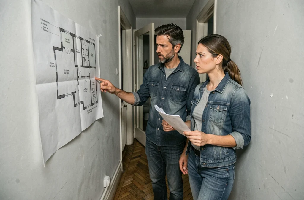 Couple d'acheteurs immobiliers vérifiant le plan de surface privative de leur appartement