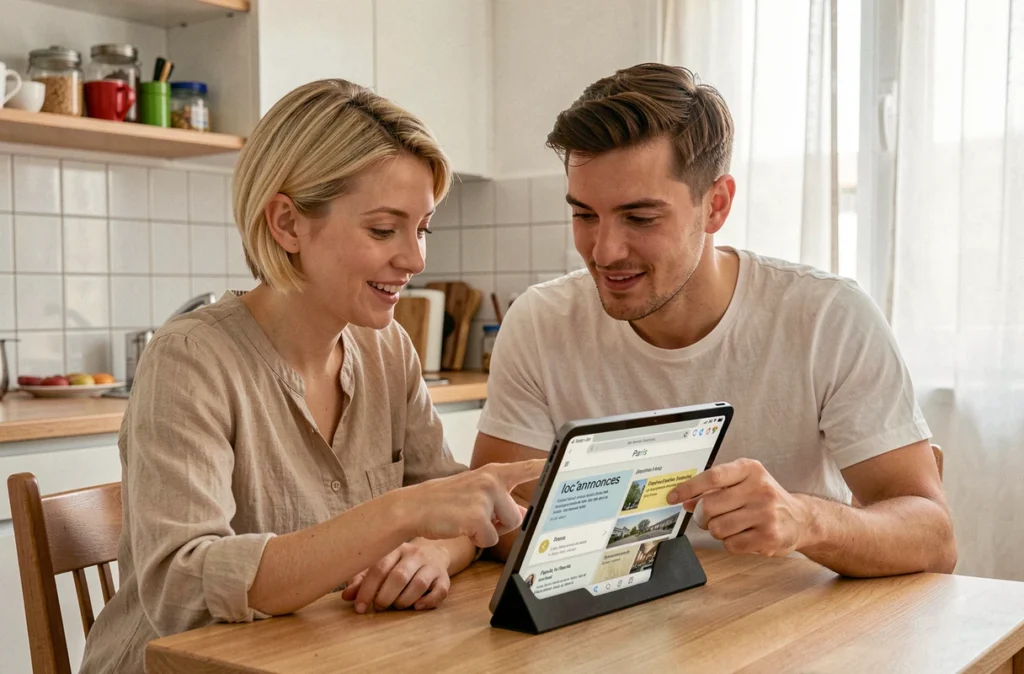 Couple consultant les annonces de logement social sur la plateforme loc'annonces Paris depuis chez eux