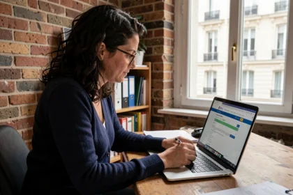 Femme remplissant une demande de logement social en ligne sur loc'annonces Paris depuis son appartement