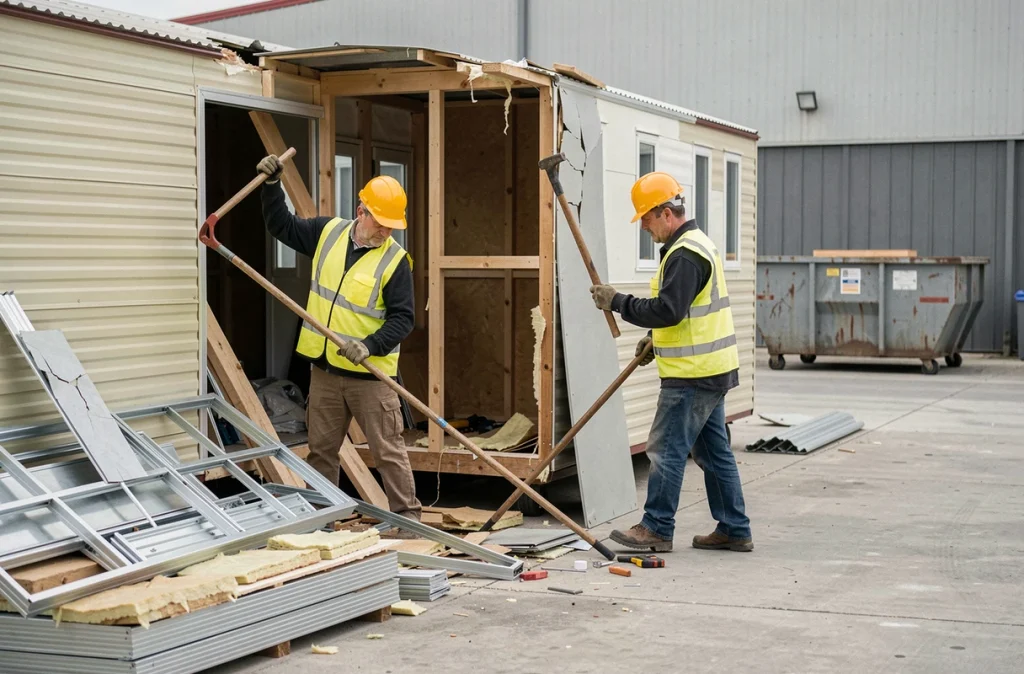 Deux ouvriers en train de démolir un vieux mobil home dégradé sur un chantier de déconstruction, avec tri de matériaux et benne de déchets en arrière-plan