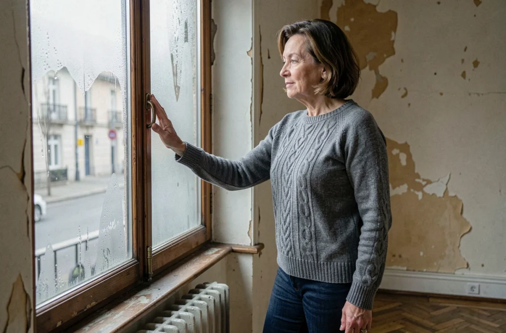 Femme observant la condensation sur une fenêtre à simple vitrage dans une maison ancienne illustrant les déperditions thermiques