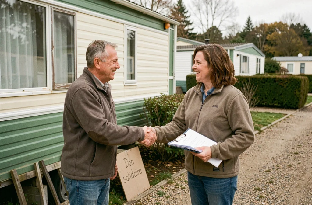 Un homme et une femme se serrant la main devant un ancien mobil home lors d'une transaction de don solidaire dans un parc résidentiel semi-rural