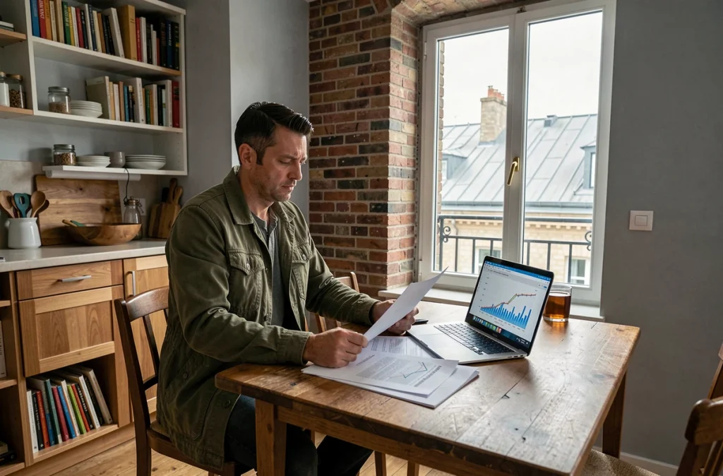 Homme analysant l'évolution des prix au m2 à Paris dans un petit appartement parisien typique
