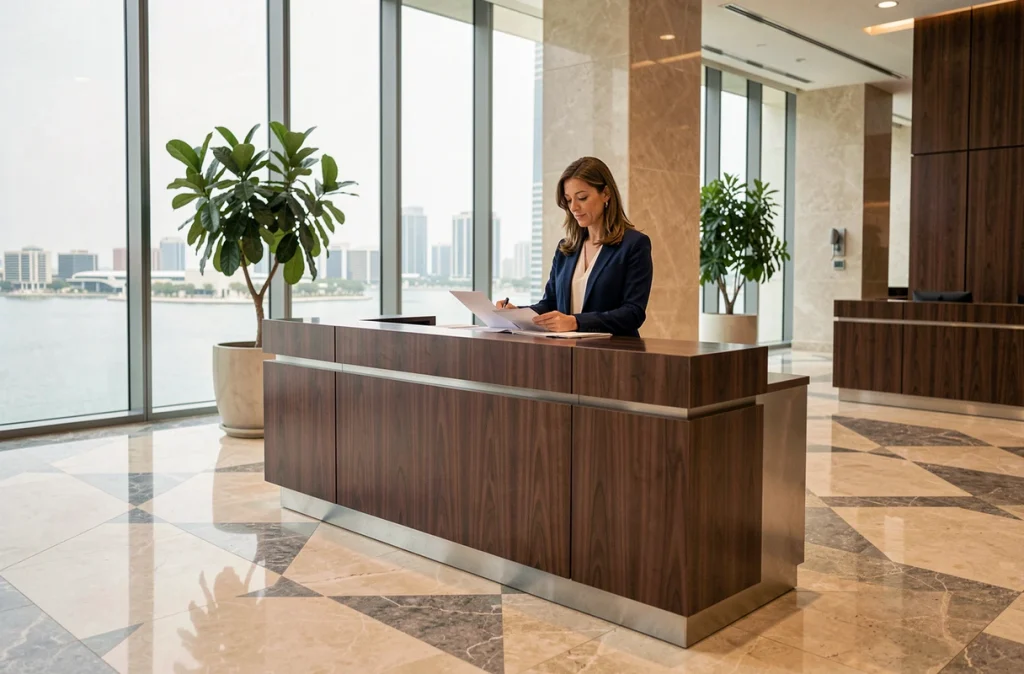 Hall d'entrée moderne de la Tour Almas à Dubai avec sol en marbre, baies vitrées et réceptionniste en blazer marine