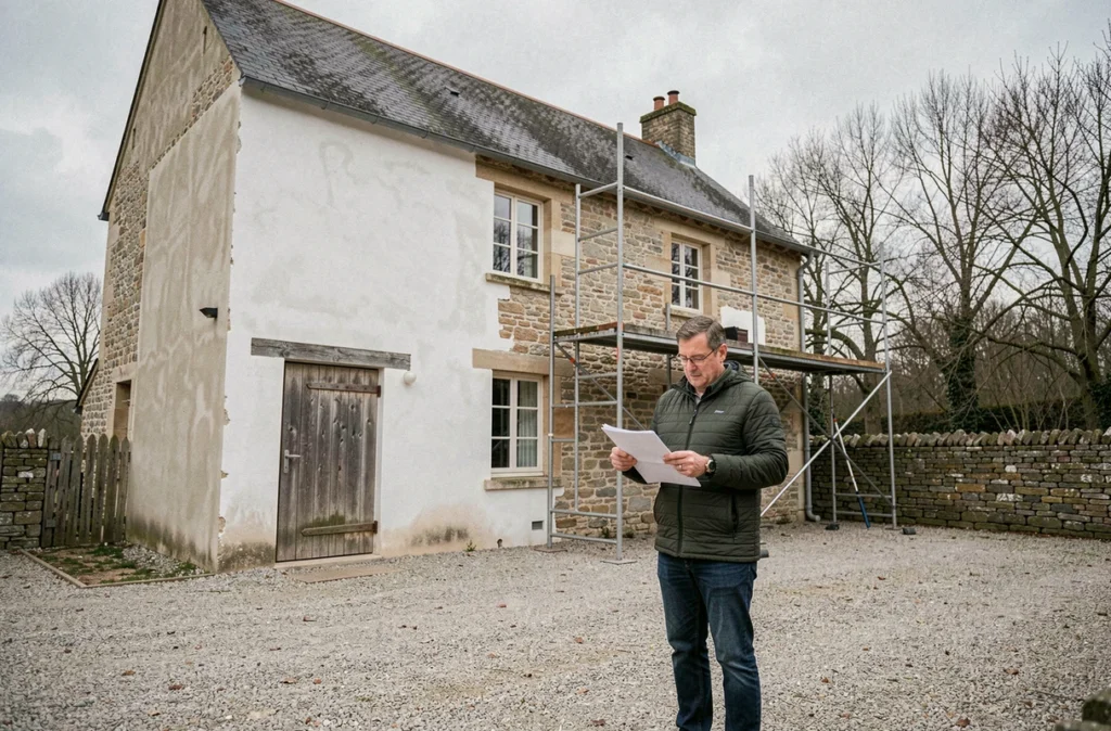 Propriétaire devant une maison ancienne en cours d'isolation thermique par l'extérieur avec contraste entre façade rénovée et mur en pierre brute