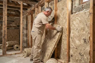 Artisan posant des panneaux de laine minérale dans les murs d'une ancienne maison en pierre lors de travaux d'isolation thermique