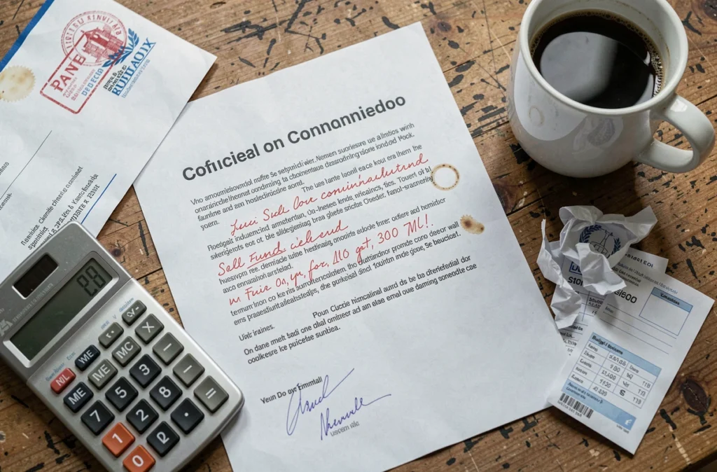 Lettre d'appel de fonds copropriété annotée en rouge avec calculatrice et devis travaux sur un bureau