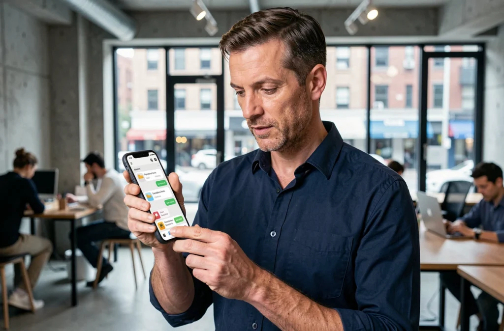 Homme consultant la messagerie et les documents de l'application MyCitya sur smartphone dans un espace de coworking