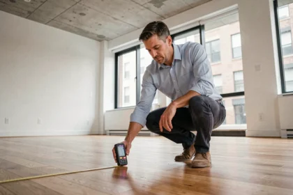Architecte mesurant la surface privative d'un appartement vide avec un télémètre laser