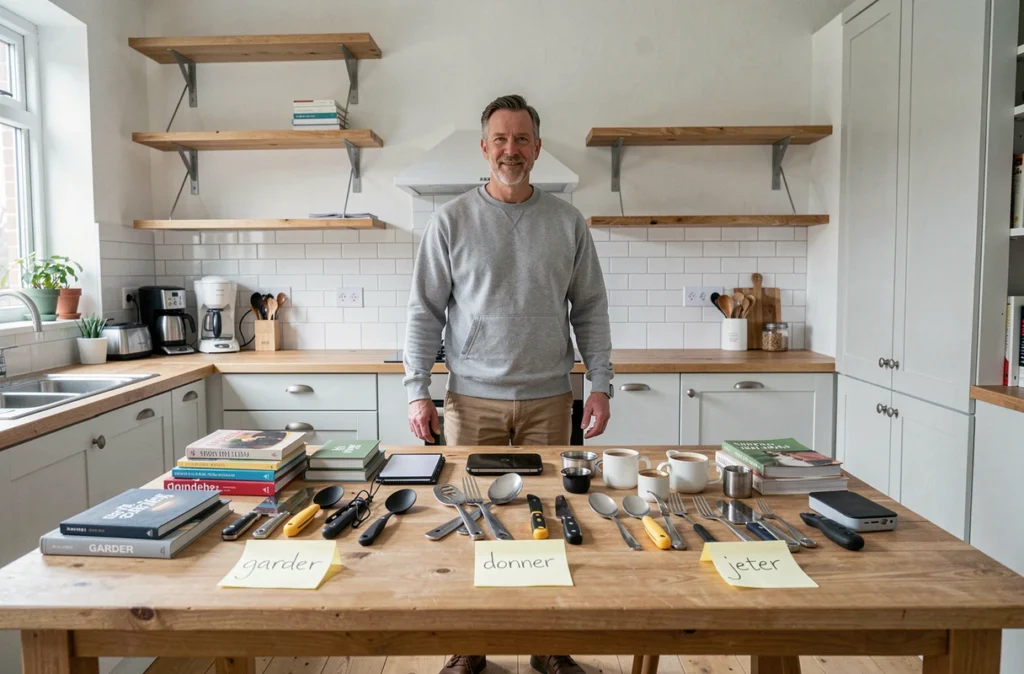 Homme organisant ses objets en piles étiquetées sur une table de cuisine avant un déménagement
