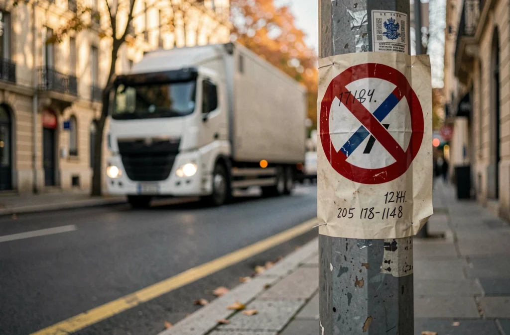 Panneau d'interdiction de stationnement temporaire fixé sur un poteau pour réserver l'emplacement d'un camion de déménagement