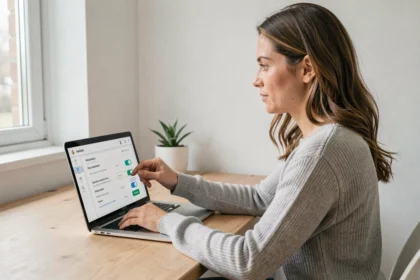 Femme paramétrant les notifications d'une application municipale MyCitya sur son ordinateur portable à son bureau à domicile