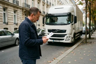 Homme consultant un permis de stationnement devant un camion de déménagement garé dans une rue résidentielle française