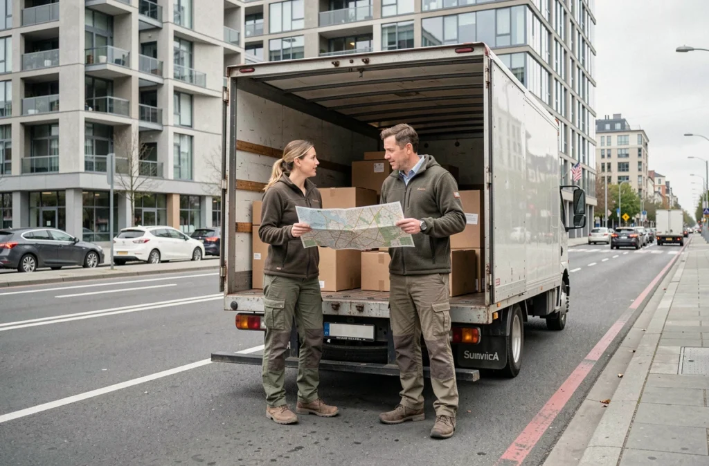 Deux personnes planifiant le stationnement d'un camion de déménagement devant un immeuble urbain avec une carte de la ville