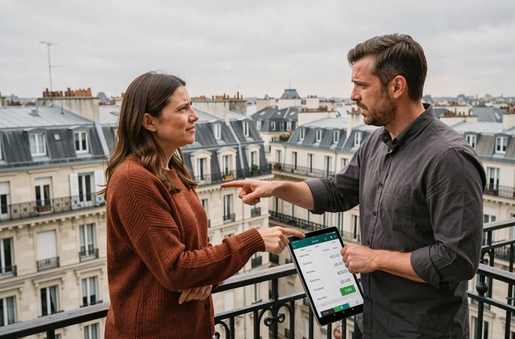 Couple sur un balcon parisien observant la ville et discutant du pouvoir d'achat immobilier à Paris