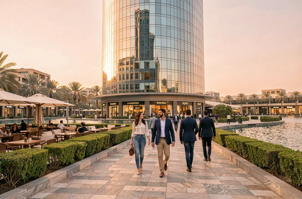 Promenade piétonne autour de la Tour Almas à Jumeirah Lakes Towers avec façade réfléchissante et terrasses de café en soirée