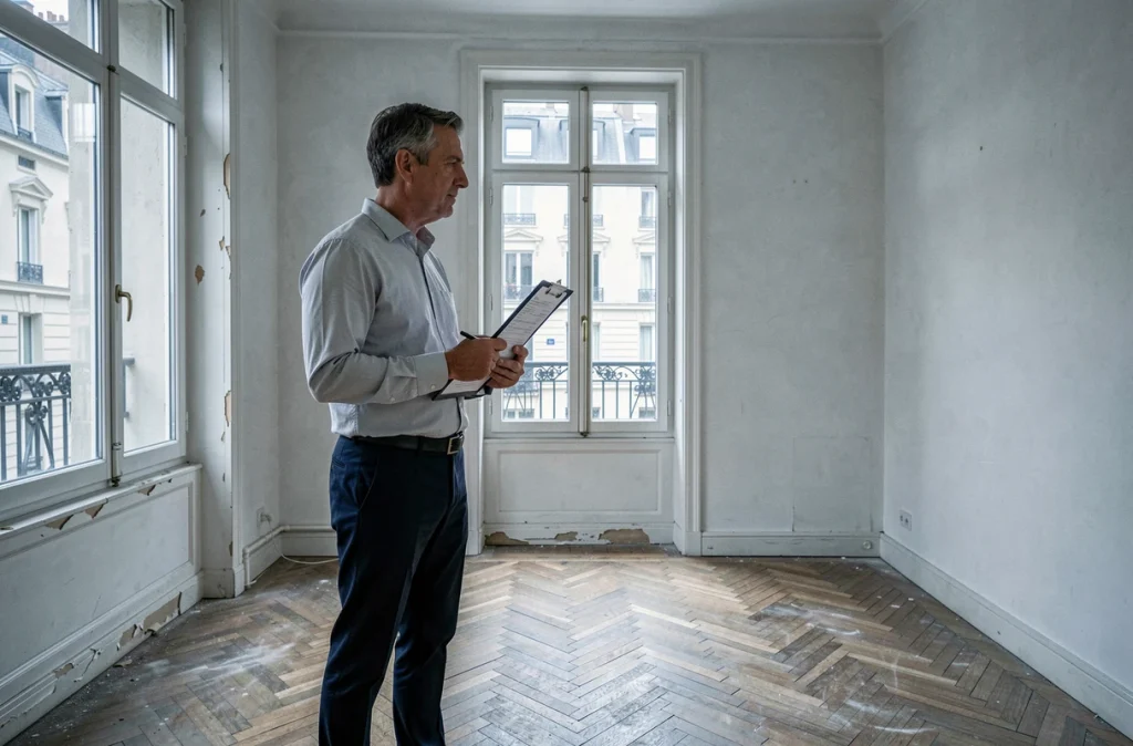 Propriétaire inspectant un appartement vacant avec des formulaires administratifs pour contester une taxe d'habitation sur logement inoccupé