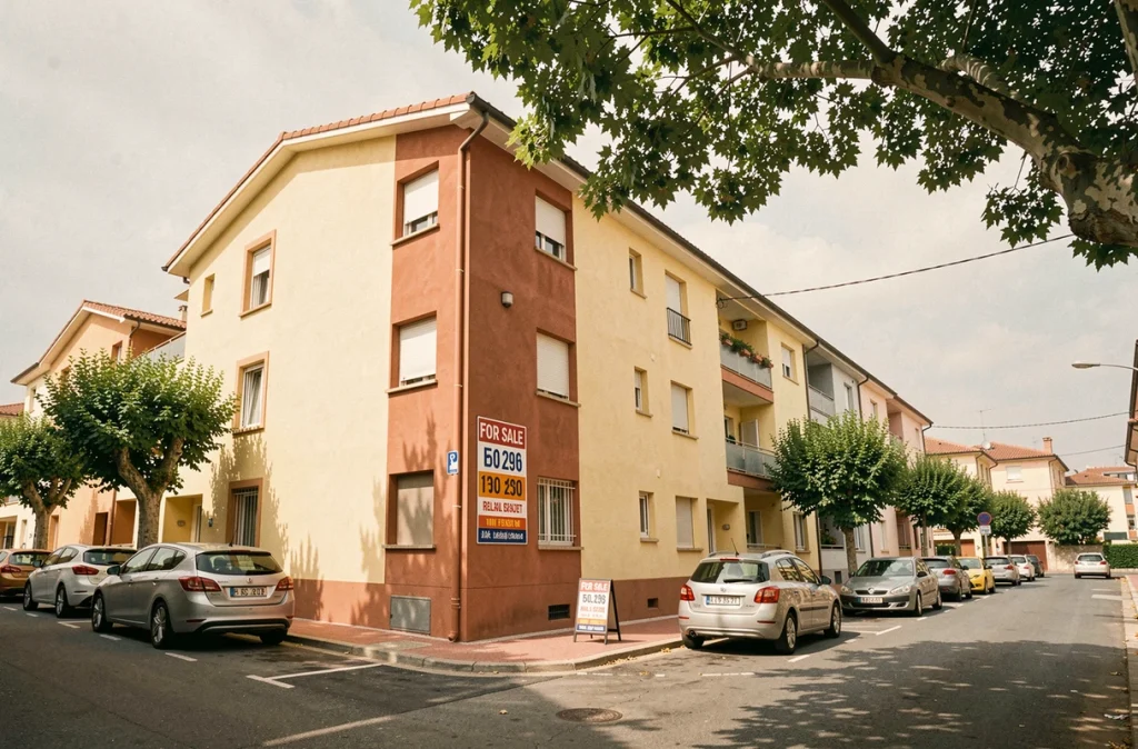 Rue résidentielle de Perpignan avec panneau à vendre affiché sur un immeuble en façade ocre