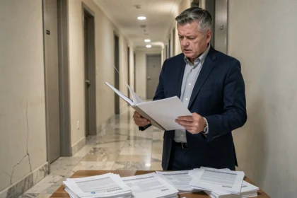 Syndic de copropriété examinant des documents d'appel de fonds pour travaux dans un couloir d'immeuble résidentiel