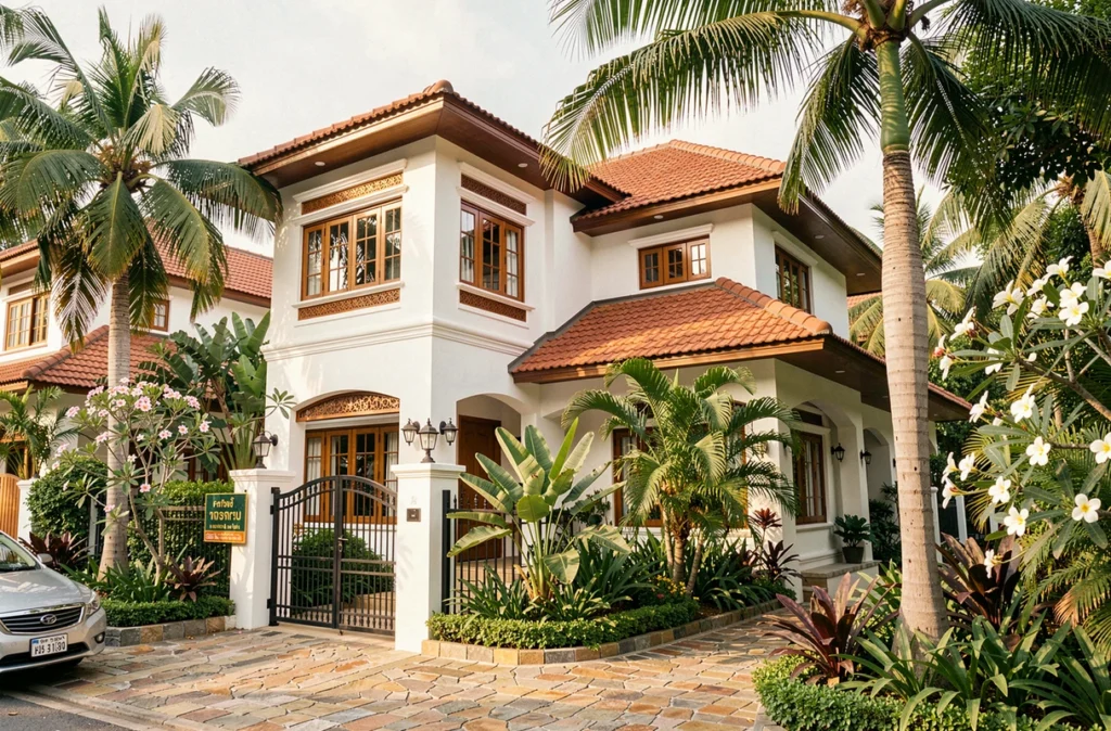 Villa thaïlandaise contemporaine à vendre avec jardin tropical et panneau immobilier discret