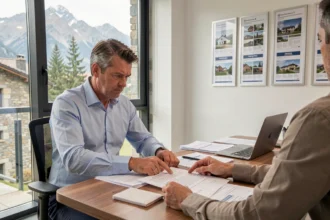 Acheteur immobilier en Andorre examinant attentivement un contrat avec une agence, pointant une clause suspecte dans un bureau moderne avec vue sur les Pyrénées