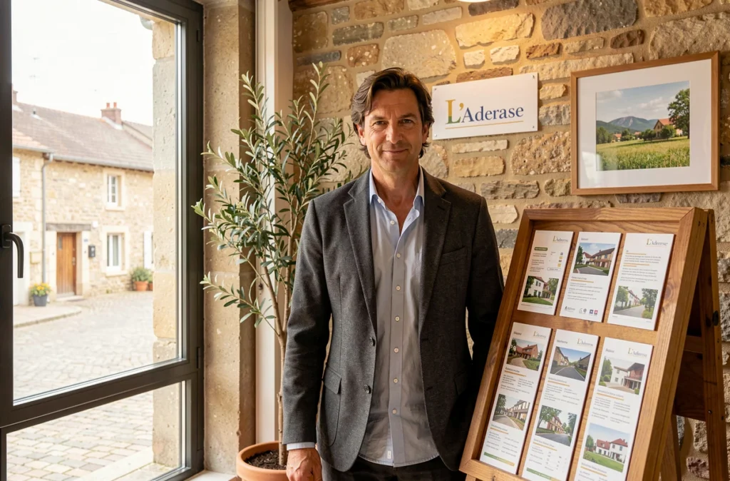 Agent de L'Adresse Les Herbiers dans un bureau à décor rustique contemporain présentant des biens immobiliers