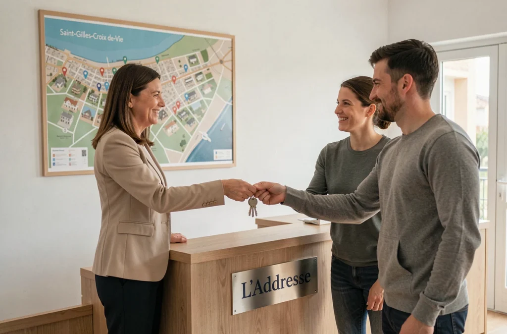 Conseillère de L'Adresse Saint-Gilles-Croix-de-Vie remettant des clés à un couple lors d'une transaction immobilière