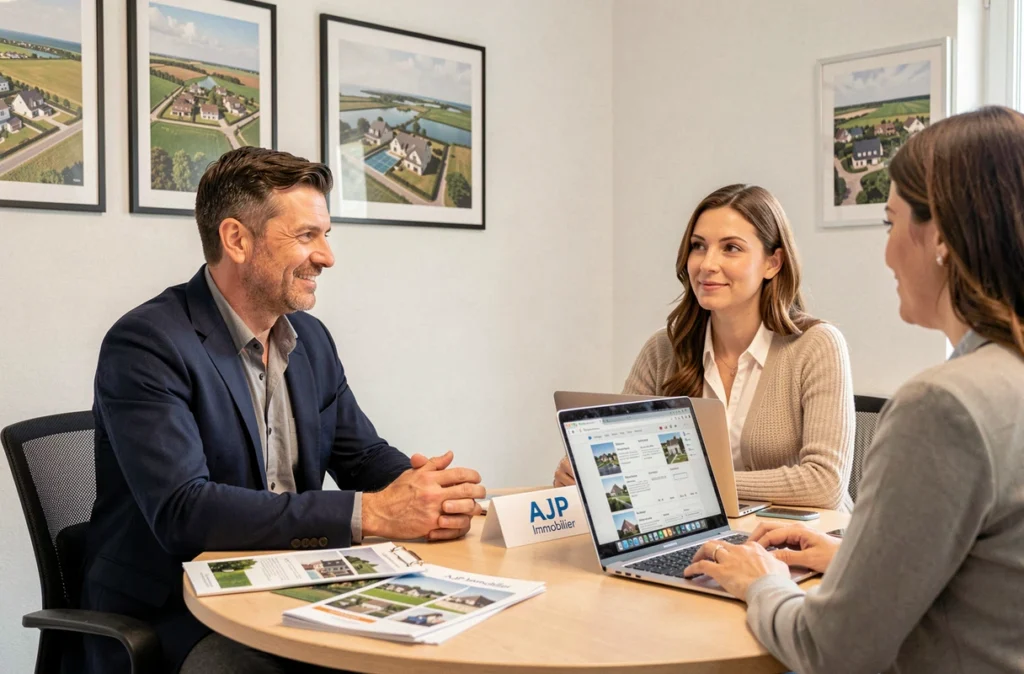 Conseiller d'AJP Immobilier en réunion avec un couple de clients autour d'une table couverte de brochures de biens