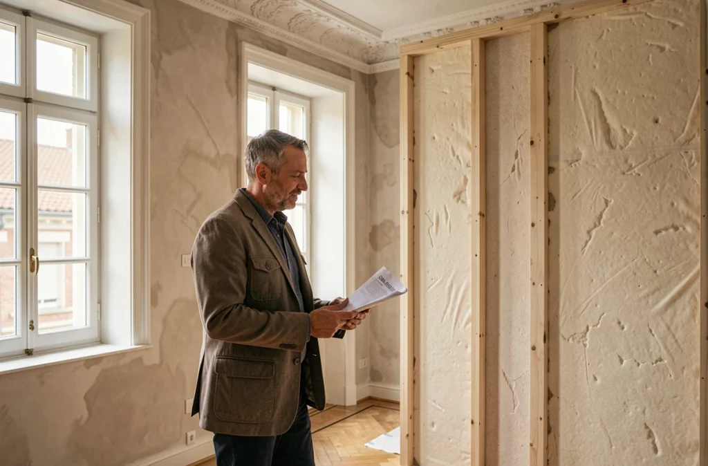 Architecte d'Alter Architecture faisant le tour d'un appartement toulousain après réhabilitation énergétique avec fenêtres et isolation neuves