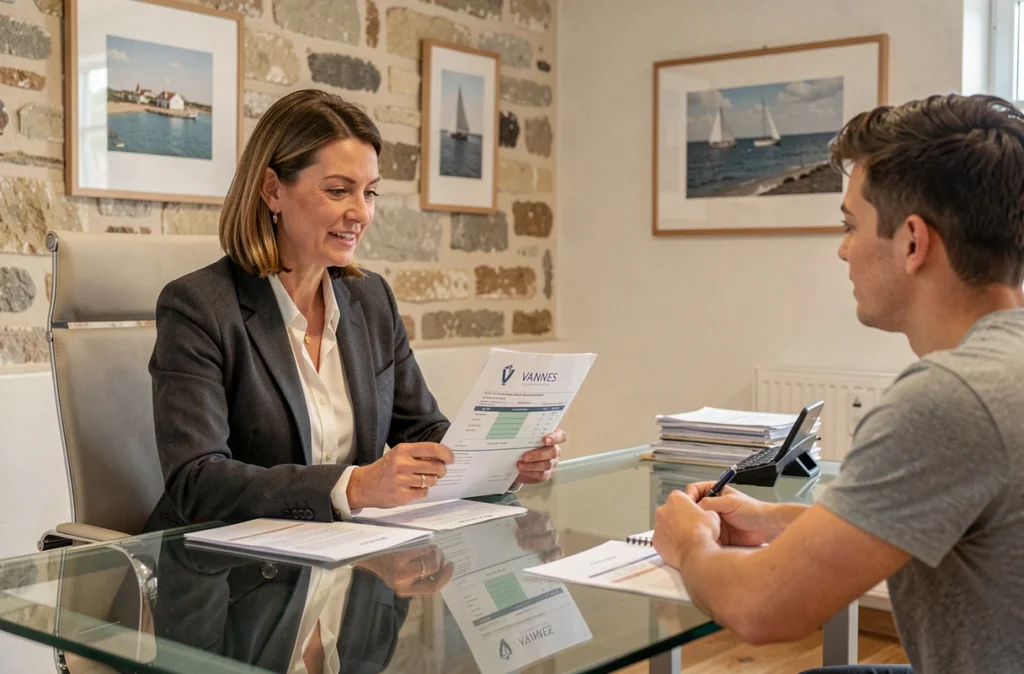 Conseillère d'Artémis Courtage en consultation avec des clients pour un prêt immobilier dans le Morbihan