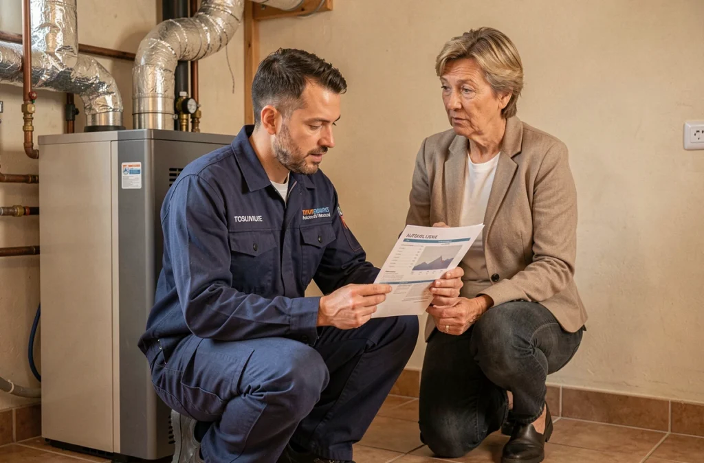Artisan des Artisans De Sud-Ouest présentant les résultats d'un audit énergétique à un propriétaire lors d'une installation de chauffage à Toulouse