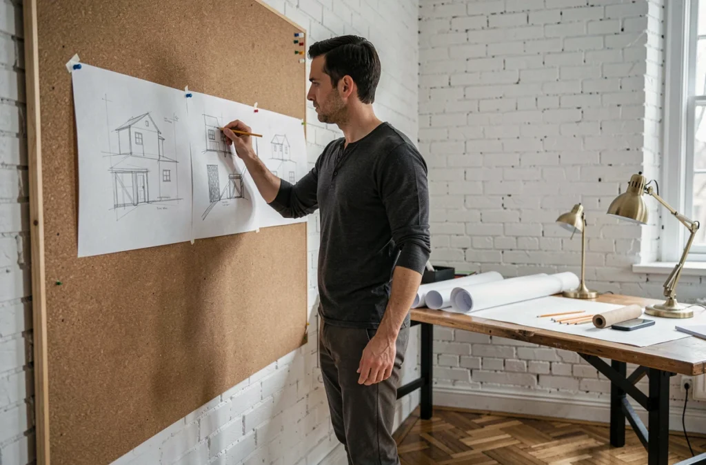 Architecte de l'Atelier Fezi travaillant sur des esquisses dessinées à la main dans son studio rennais