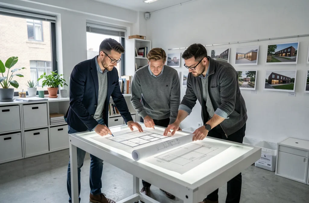 L'équipe de l'Atelier K Architectes étudiant des plans de construction sur une table lumineuse dans leur studio