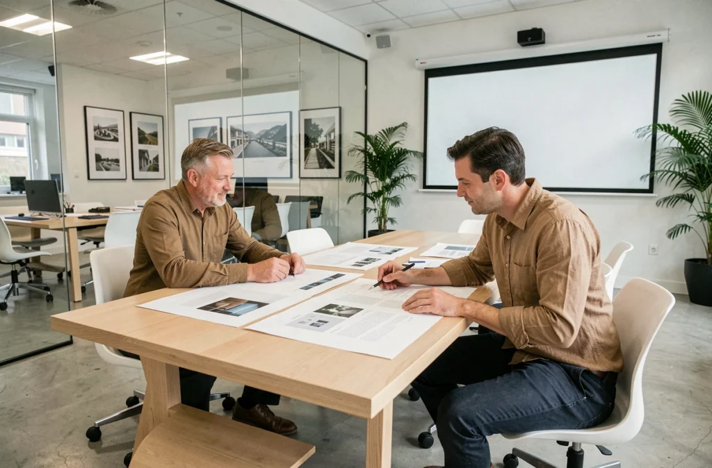 Les associés de Brulé Architectes Associés examinant des planches de présentation en salle de réunion