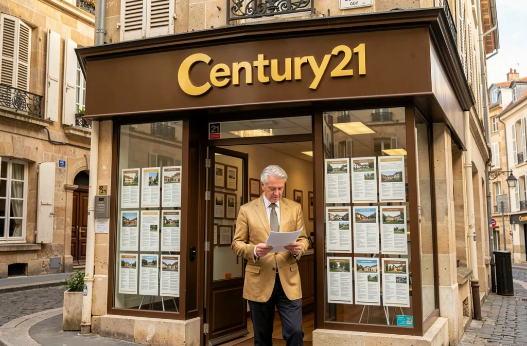 Devanture d'une agence Century 21 en France avec un conseiller en blazer doré emblématique dans l'entrée