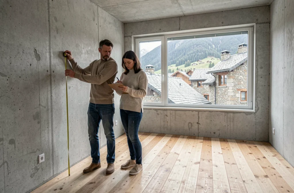 Couple inspectant un appartement vide en Andorre avant achat, mesurant les murs avec une attention méticuleuse pour éviter les mauvaises surprises