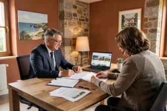 Consultation avec un courtier en prêt immobilier dans le Morbihan, vue d'ensemble d'un bureau professionnel breton