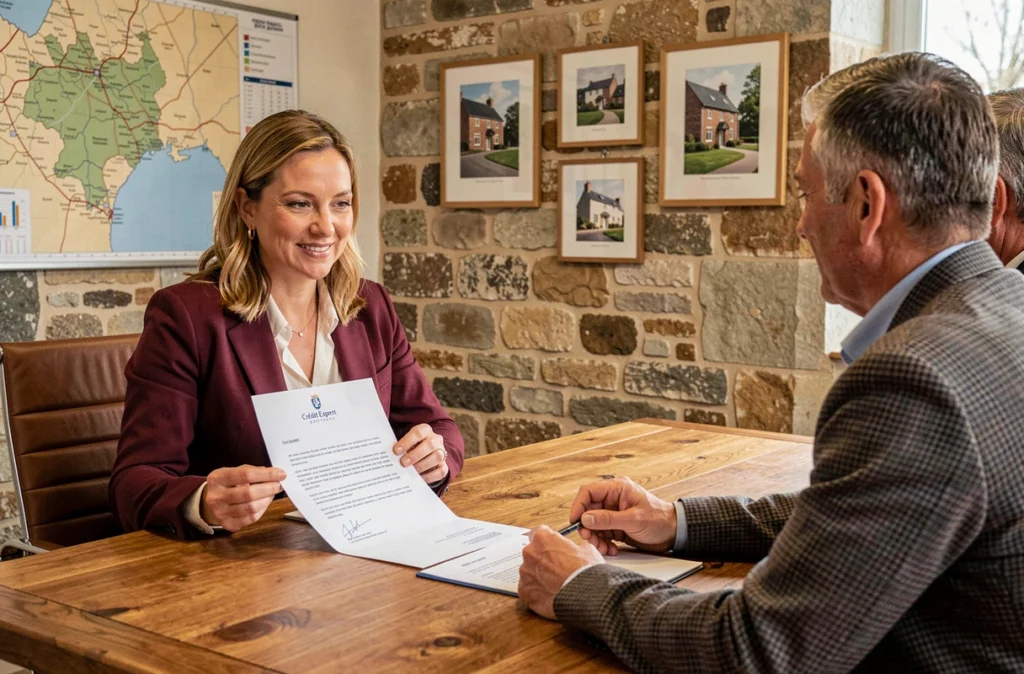 Spécialiste de Crédit Expert Bretagne présentant une offre de prêt immobilier à un couple morbihannais